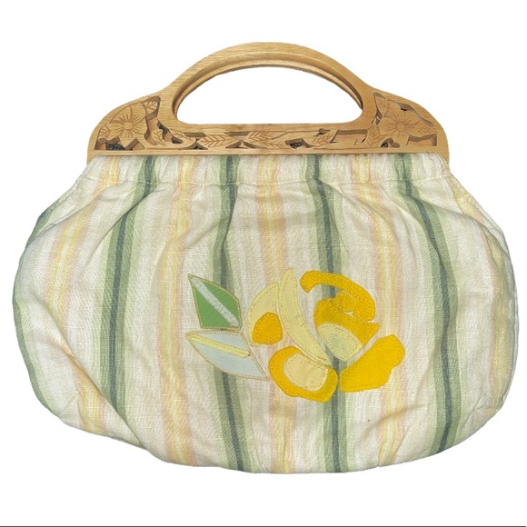 Banana Republic Floral Handbag Tooled Wood Handle Green Yellow - Picture 1 of 8